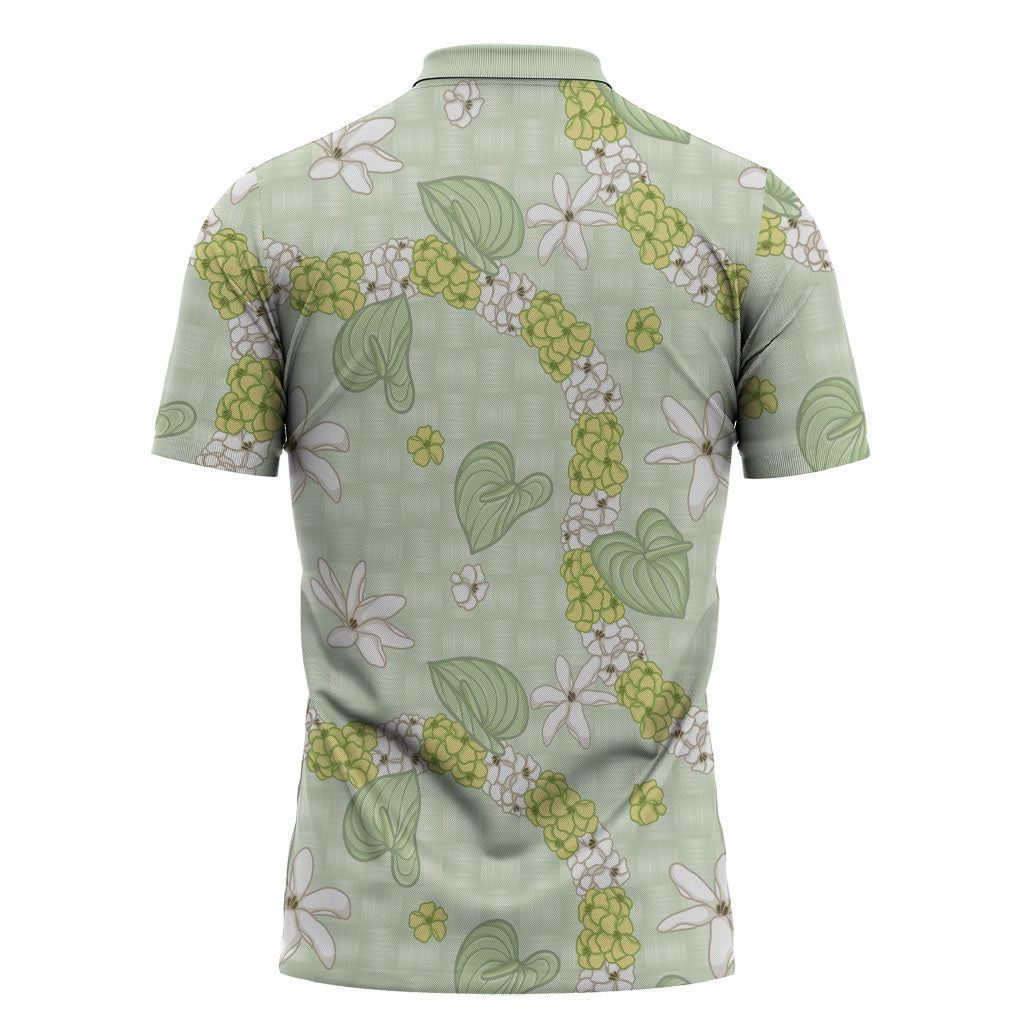 Hawaii Anthurium Tiare Pikake Lei Zipper Polo Shirt Sage Green Lauhala Art Pattern LT01 - Polynesian Pride