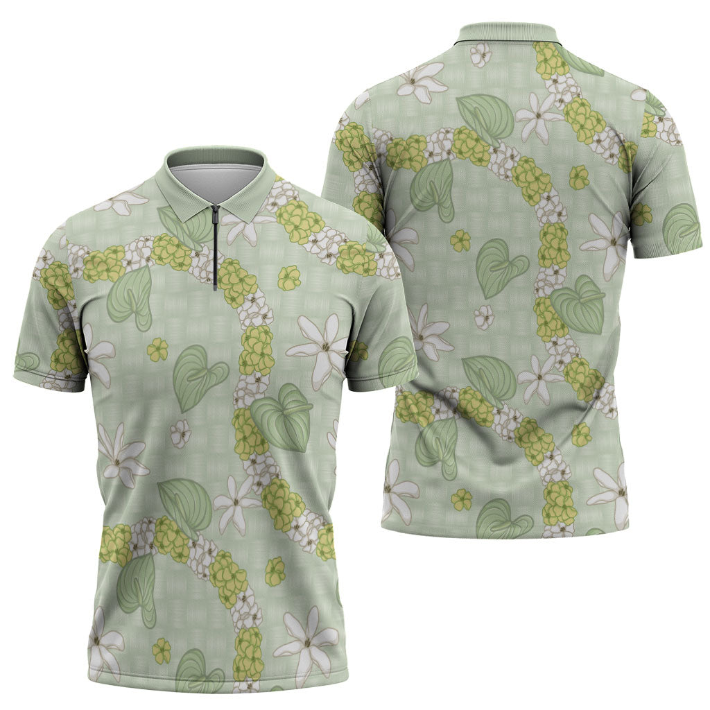 Hawaii Anthurium Tiare Pikake Lei Zipper Polo Shirt Sage Green Lauhala Art Pattern LT01 - Polynesian Pride