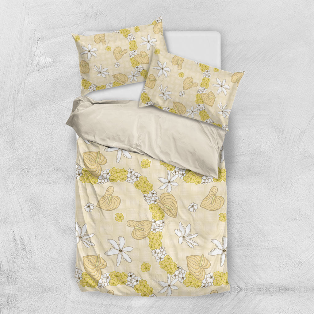Hawaii Anthurium Tiare Pikake Lei Bedding Set Melemele Lauhala Art Pattern LT01 US Twin 172cm x 218cm Yellow - Polynesian Pride