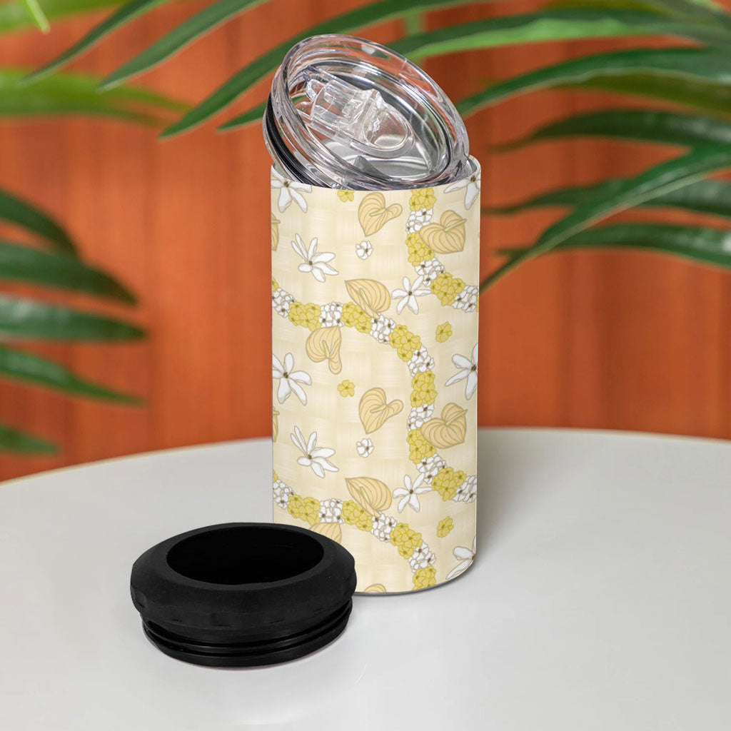 Hawaii Anthurium Tiare Pikake Lei 4 in 1 Can Cooler Tumbler Melemele Lauhala Art Pattern LT01 - Polynesian Pride