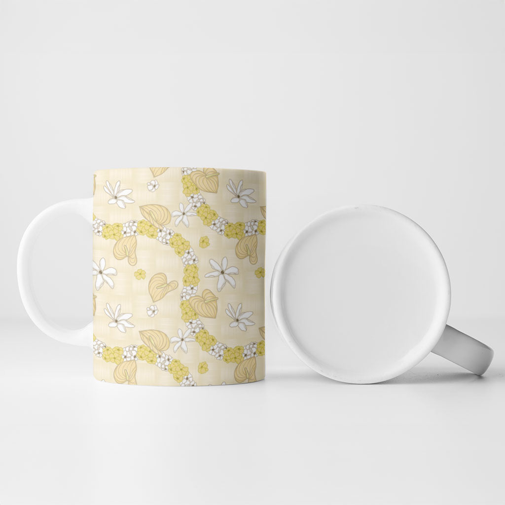 Hawaii Anthurium Tiare Pikake Lei Ceramic Mug Melemele Lauhala Art Pattern