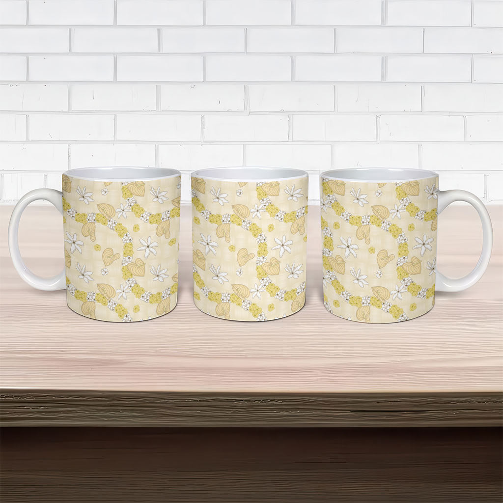 Hawaii Anthurium Tiare Pikake Lei Ceramic Mug Melemele Lauhala Art Pattern