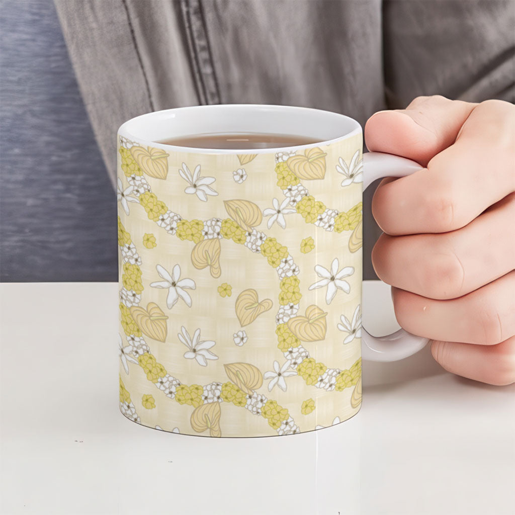 Hawaii Anthurium Tiare Pikake Lei Ceramic Mug Melemele Lauhala Art Pattern