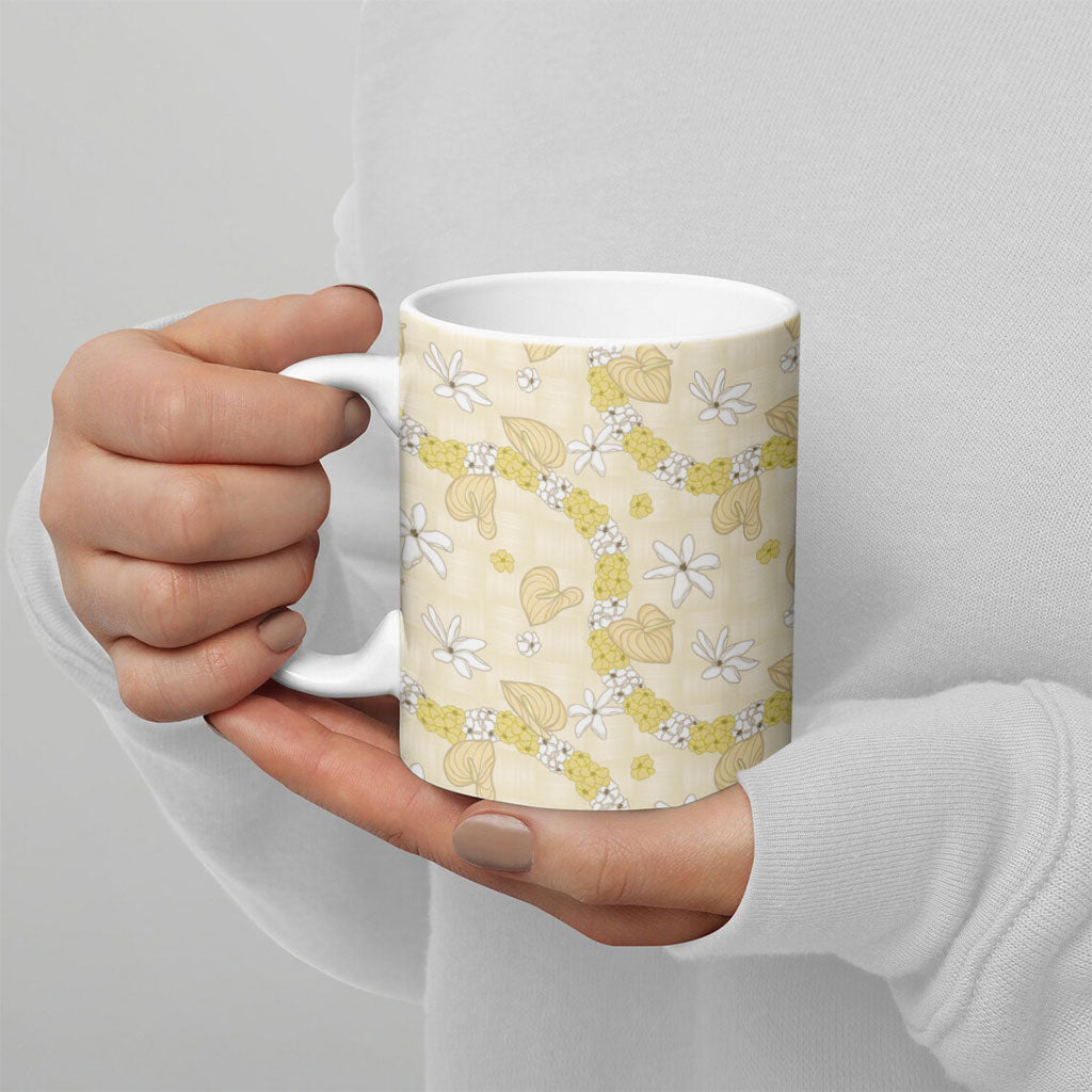 Hawaii Anthurium Tiare Pikake Lei Ceramic Mug Melemele Lauhala Art Pattern