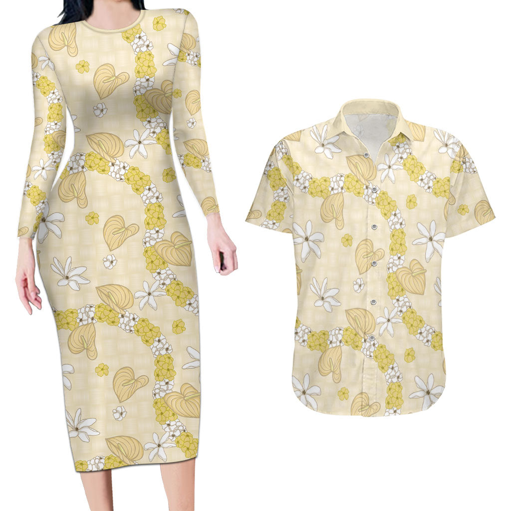 Hawaii Anthurium Tiare Pikake Lei Couples Matching Long Sleeve Bodycon Dress and Hawaiian Shirt Melemele Lauhala Art Pattern