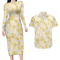 Hawaii Anthurium Tiare Pikake Lei Couples Matching Long Sleeve Bodycon Dress and Hawaiian Shirt Melemele Lauhala Art Pattern