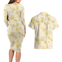 Hawaii Anthurium Tiare Pikake Lei Couples Matching Long Sleeve Bodycon Dress and Hawaiian Shirt Melemele Lauhala Art Pattern