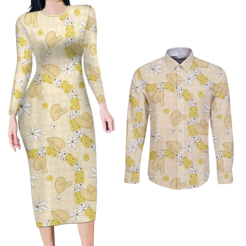 Hawaii Anthurium Tiare Pikake Lei Couples Matching Long Sleeve Bodycon Dress and Long Sleeve Button Shirt Melemele Lauhala Art Pattern