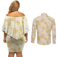 Hawaii Anthurium Tiare Pikake Lei Couples Matching Off Shoulder Short Dress and Long Sleeve Button Shirt Melemele Lauhala Art Pattern LT01 - Polynesian Pride
