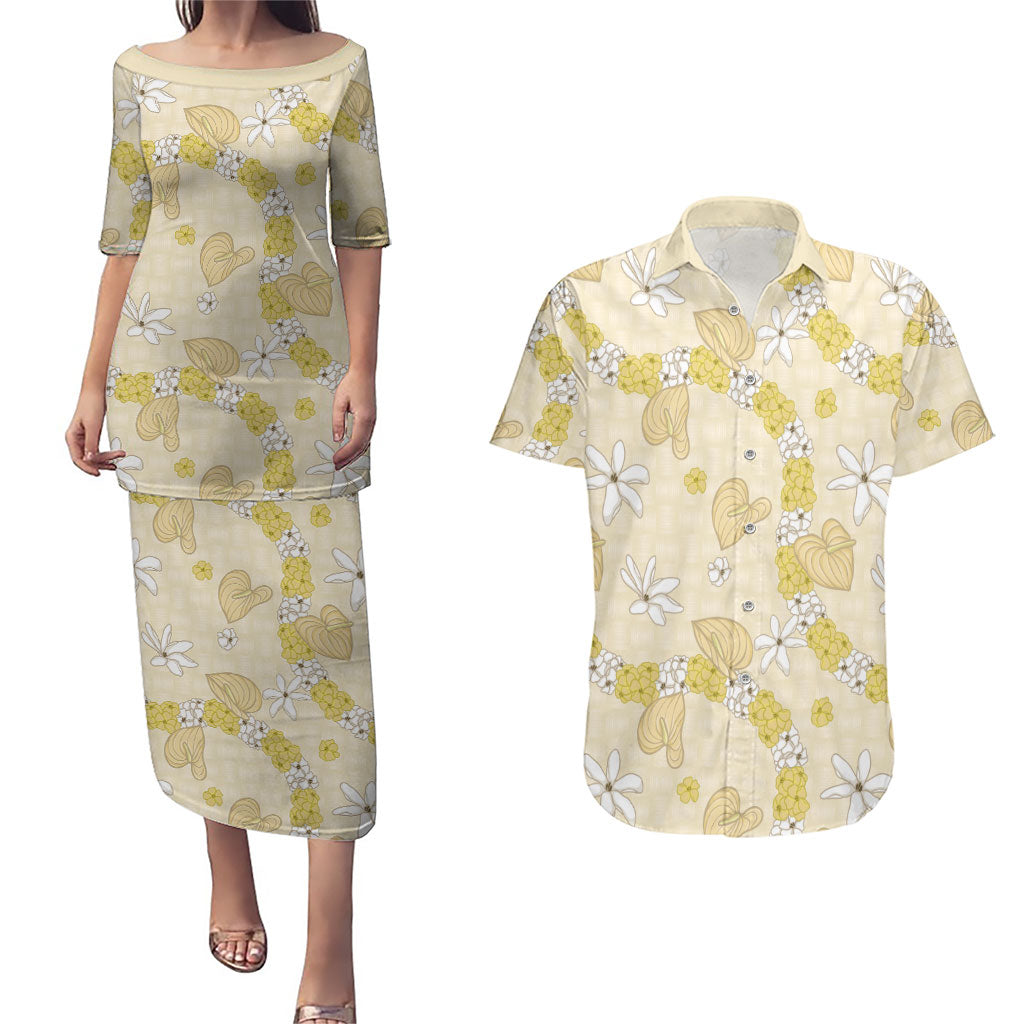 Hawaii Anthurium Tiare Pikake Lei Couples Matching Puletasi and Hawaiian Shirt Melemele Lauhala Art Pattern LT01 Yellow - Polynesian Pride