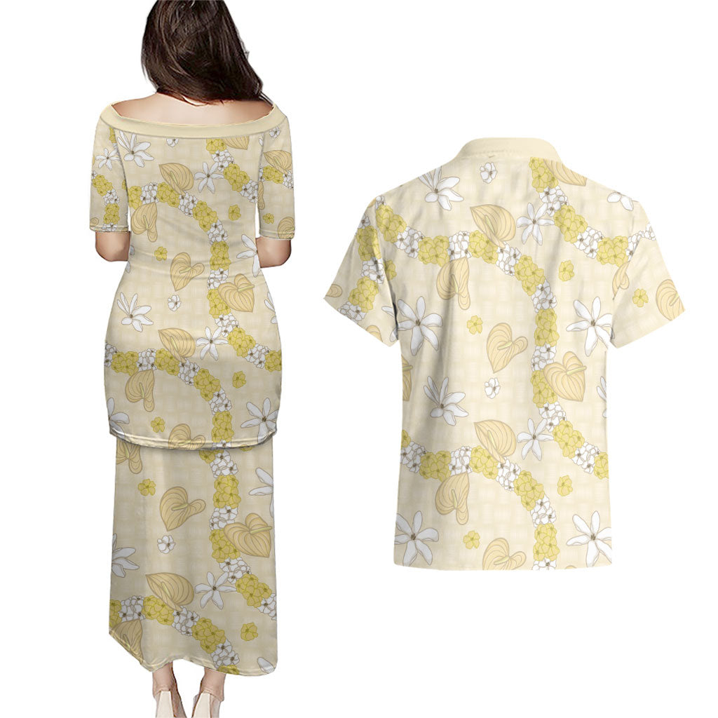 Hawaii Anthurium Tiare Pikake Lei Couples Matching Puletasi and Hawaiian Shirt Melemele Lauhala Art Pattern LT01 - Polynesian Pride