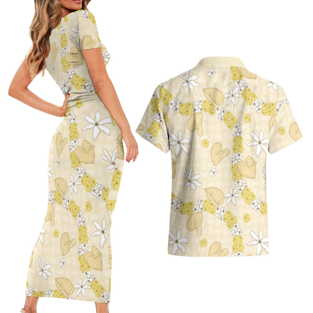 Hawaii Anthurium Tiare Pikake Lei Couples Matching Short Sleeve Bodycon Dress and Hawaiian Shirt Melemele Lauhala Art Pattern