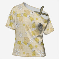 Hawaii Anthurium Tiare Pikake Lei Cross Shoulder Shirt Melemele Lauhala Art Pattern LT01 Female Yellow - Polynesian Pride