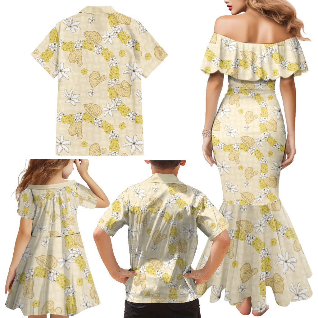 Hawaii Anthurium Tiare Pikake Lei Family Matching Mermaid Dress and Hawaiian Shirt Melemele Lauhala Art Pattern