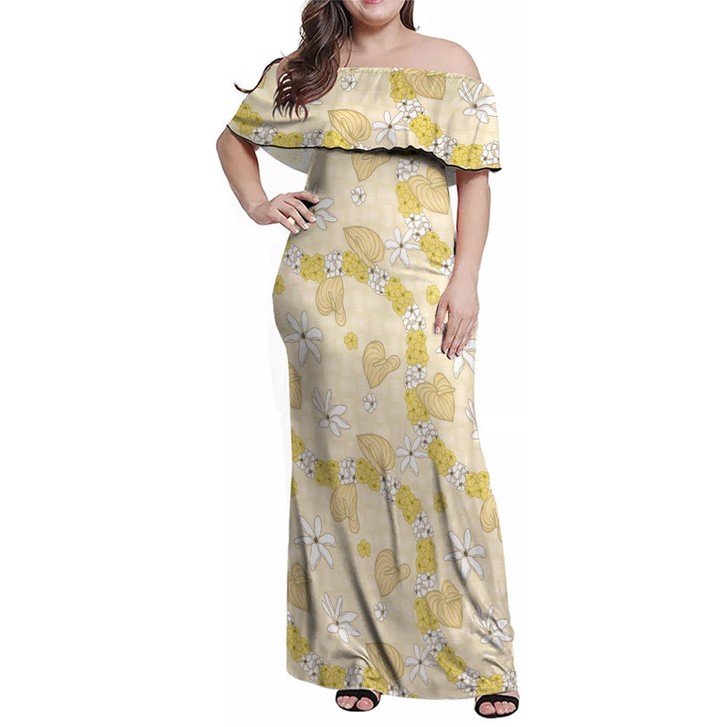 Hawaii Anthurium Tiare Pikake Lei Family Matching Off Shoulder Maxi Dress and Hawaiian Shirt Melemele Lauhala Art Pattern