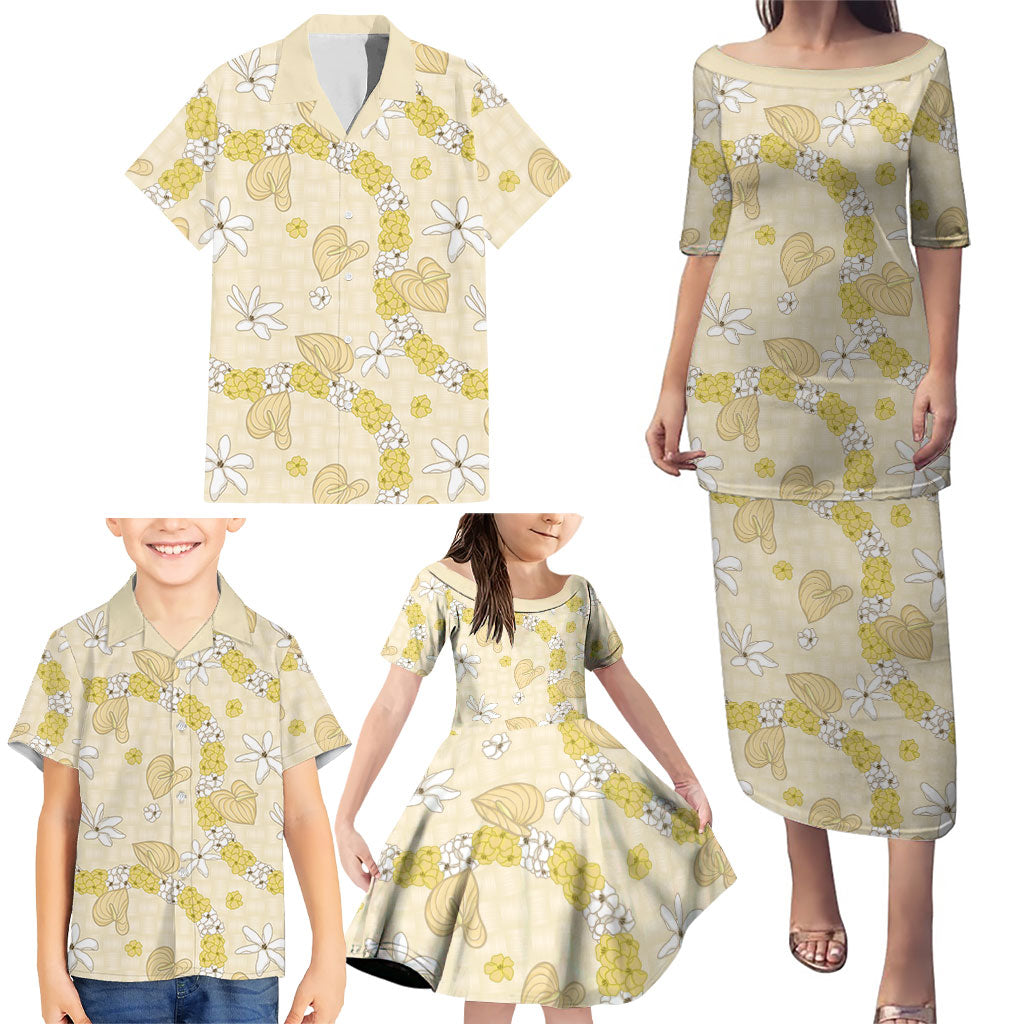 Hawaii Anthurium Tiare Pikake Lei Family Matching Puletasi and Hawaiian Shirt Melemele Lauhala Art Pattern