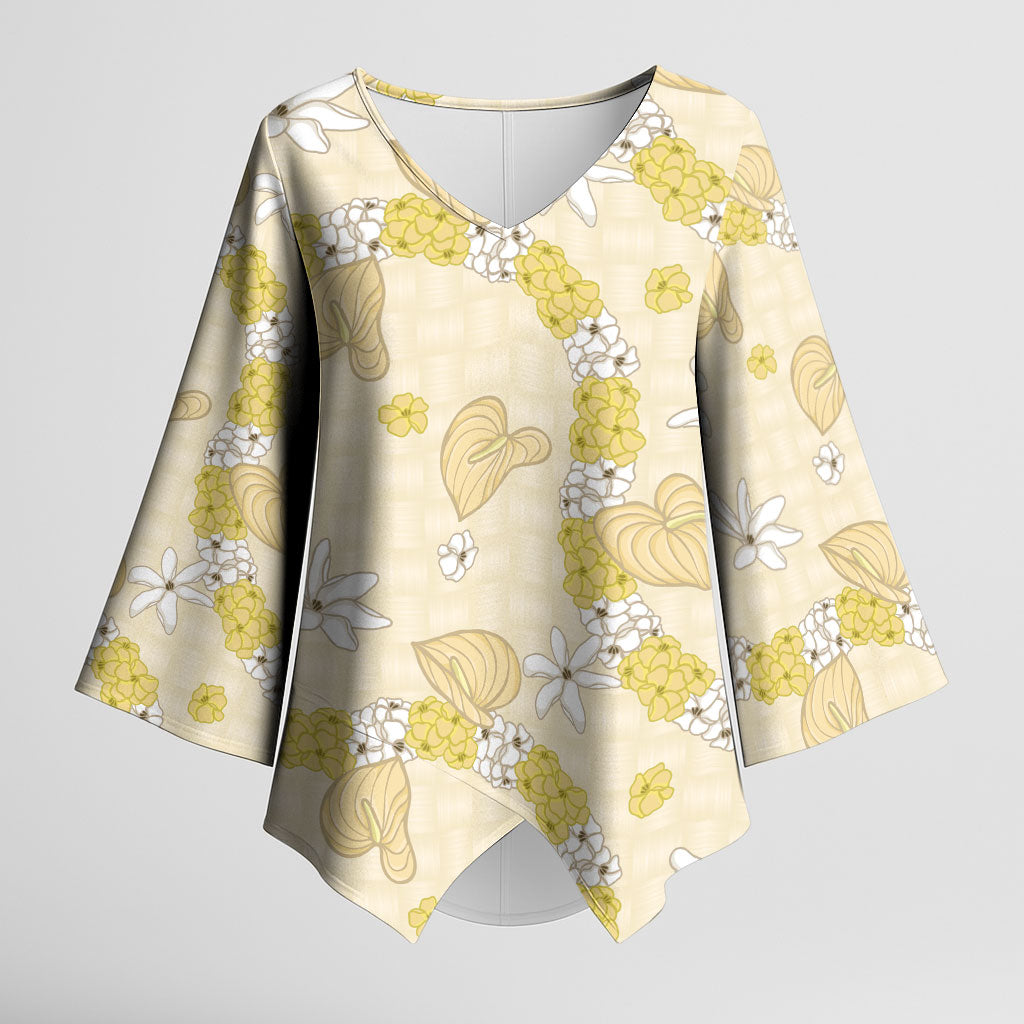 Hawaii Anthurium Tiare Pikake Lei Kimono Sleeve Blouse Melemele Lauhala Art Pattern