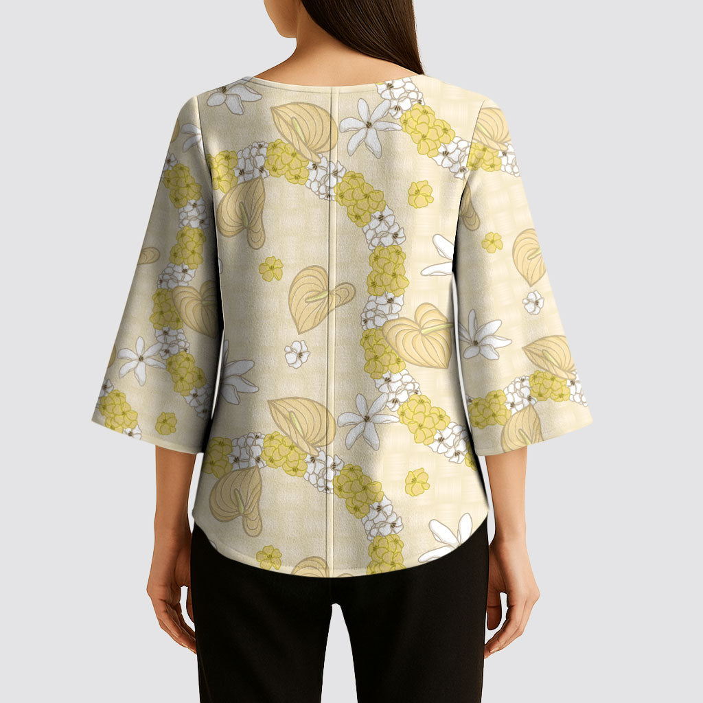 Hawaii Anthurium Tiare Pikake Lei Kimono Sleeve Blouse Melemele Lauhala Art Pattern