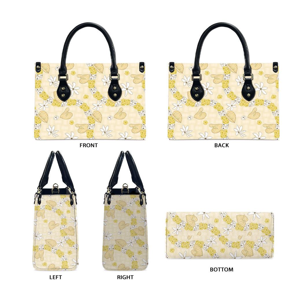 Hawaii Anthurium Tiare Pikake Lei Leather Bag Melemele Lauhala Art Pattern LT01 - Polynesian Pride