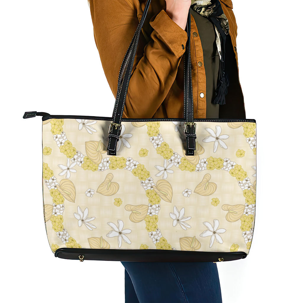 Hawaii Anthurium Tiare Pikake Lei Leather Tote Bag Melemele Lauhala Art Pattern LT01 - Polynesian Pride