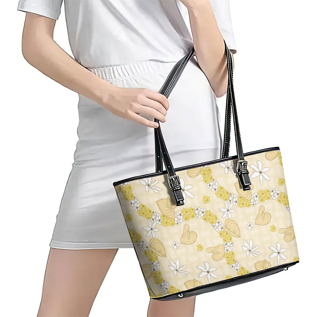 Hawaii Anthurium Tiare Pikake Lei Leather Tote Bag Melemele Lauhala Art Pattern LT01 - Polynesian Pride