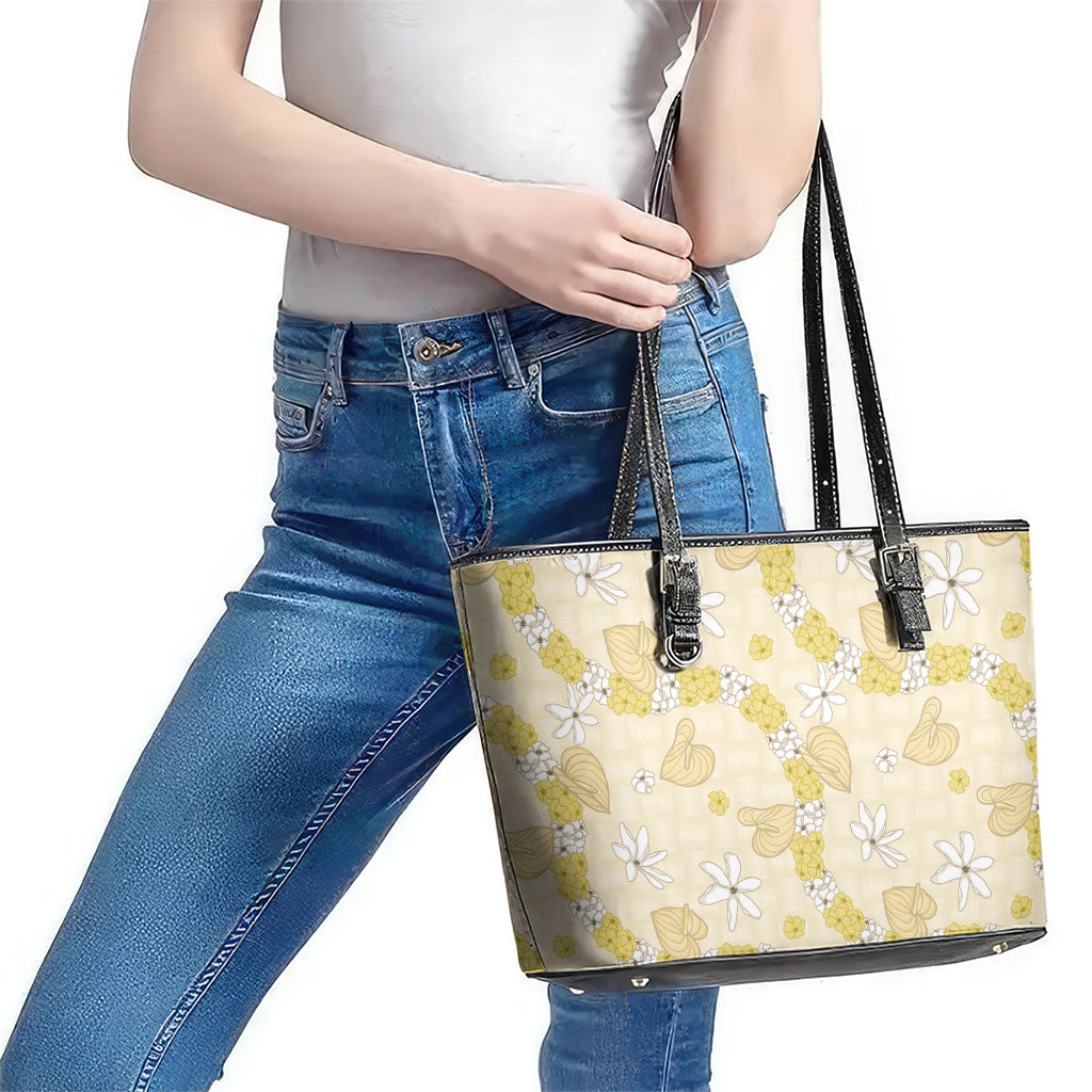Hawaii Anthurium Tiare Pikake Lei Leather Tote Bag Melemele Lauhala Art Pattern LT01 - Polynesian Pride