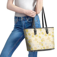 Hawaii Anthurium Tiare Pikake Lei Leather Tote Bag Melemele Lauhala Art Pattern LT01 - Polynesian Pride