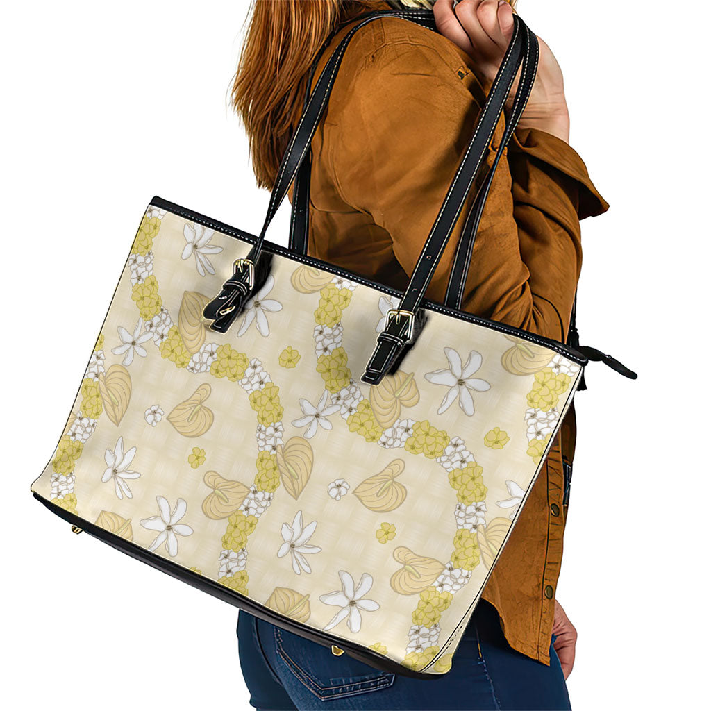 Hawaii Anthurium Tiare Pikake Lei Leather Tote Bag Melemele Lauhala Art Pattern LT01 - Polynesian Pride