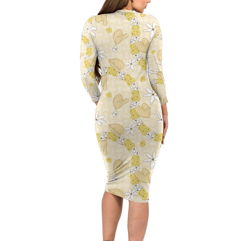 Hawaii Anthurium Tiare Pikake Lei Long Sleeve Bodycon Dress Melemele Lauhala Art Pattern LT01 - Polynesian Pride