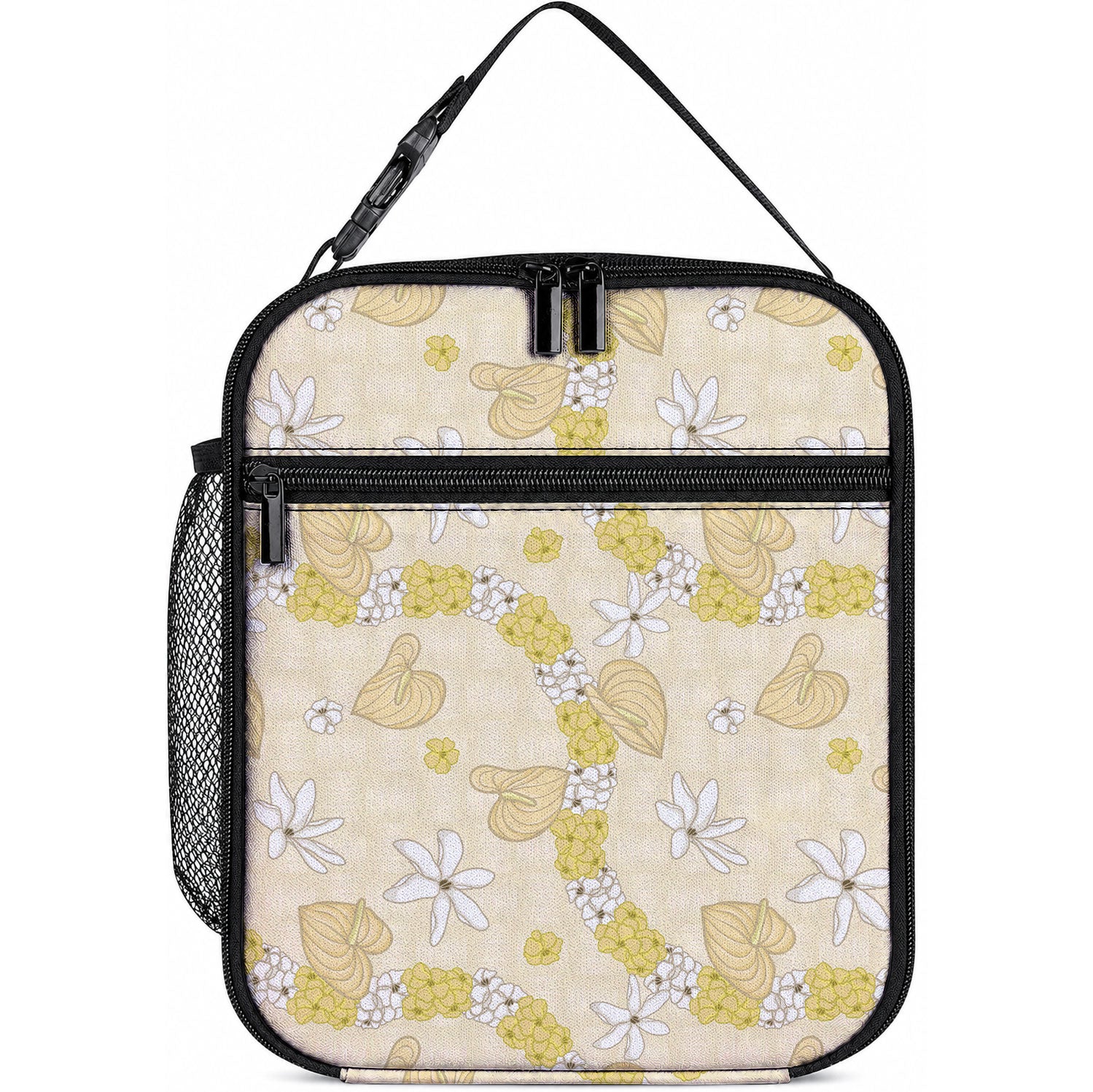 Hawaii Anthurium Tiare Pikake Lei Lunch Bag Melemele Lauhala Art Pattern LT01 10.2 × 8.3 × 4.3 inch Yellow - Polynesian Pride