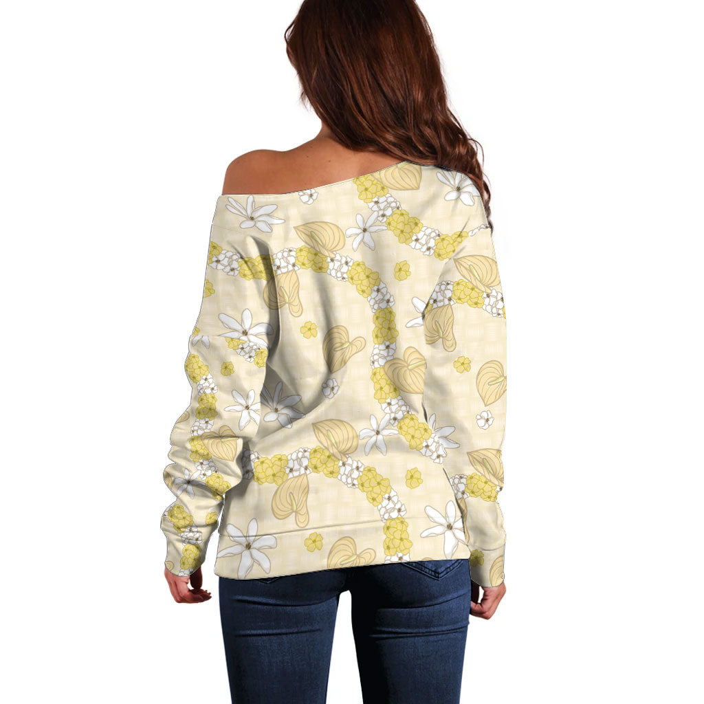 Hawaii Anthurium Tiare Pikake Lei Off Shoulder Sweater Melemele Lauhala Art Pattern LT01 - Polynesian Pride