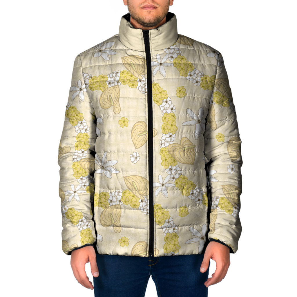 Hawaii Anthurium Tiare Pikake Lei Padded Jacket Melemele Lauhala Art Pattern