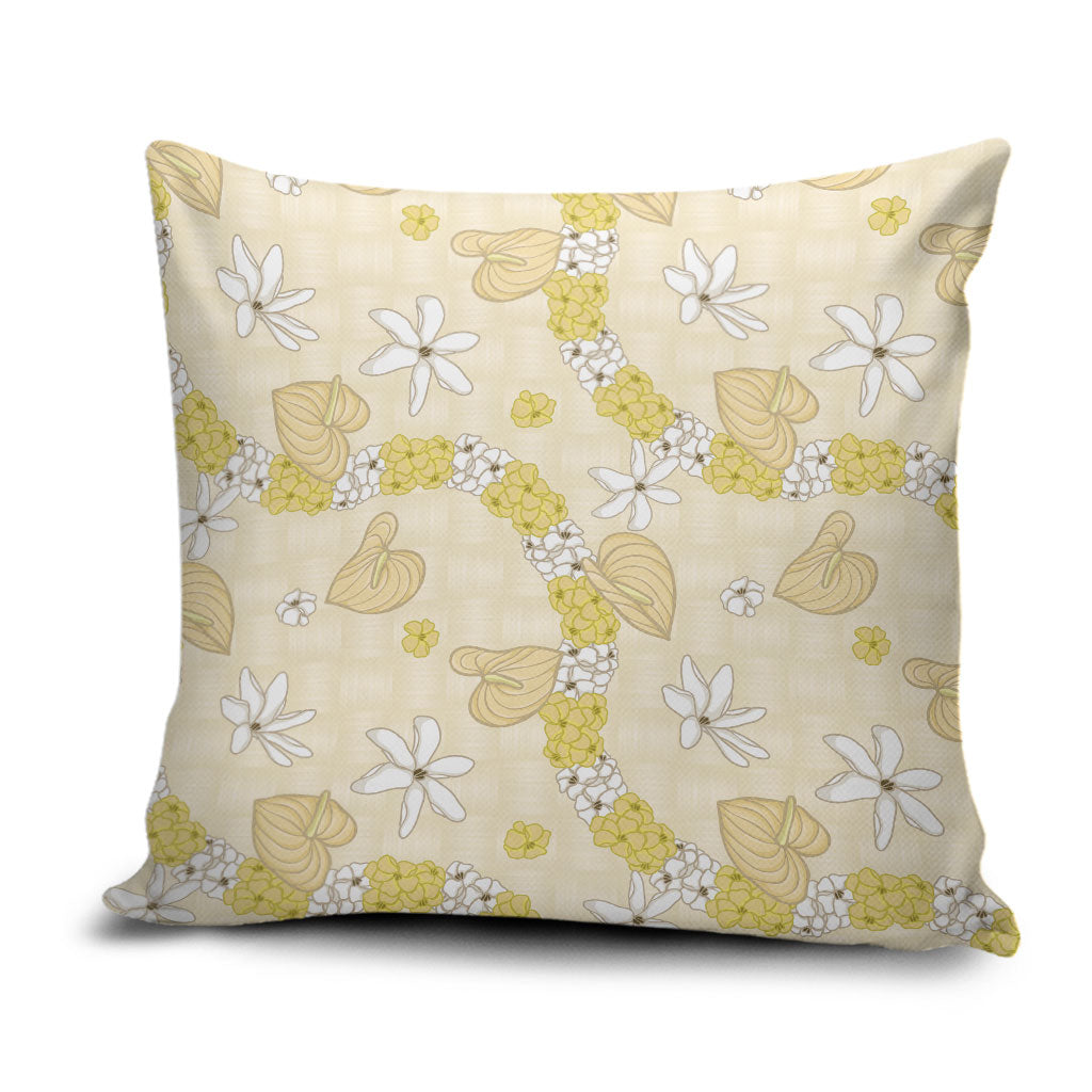 Hawaii Anthurium Tiare Pikake Lei Pillow Cover Melemele Lauhala Art Pattern