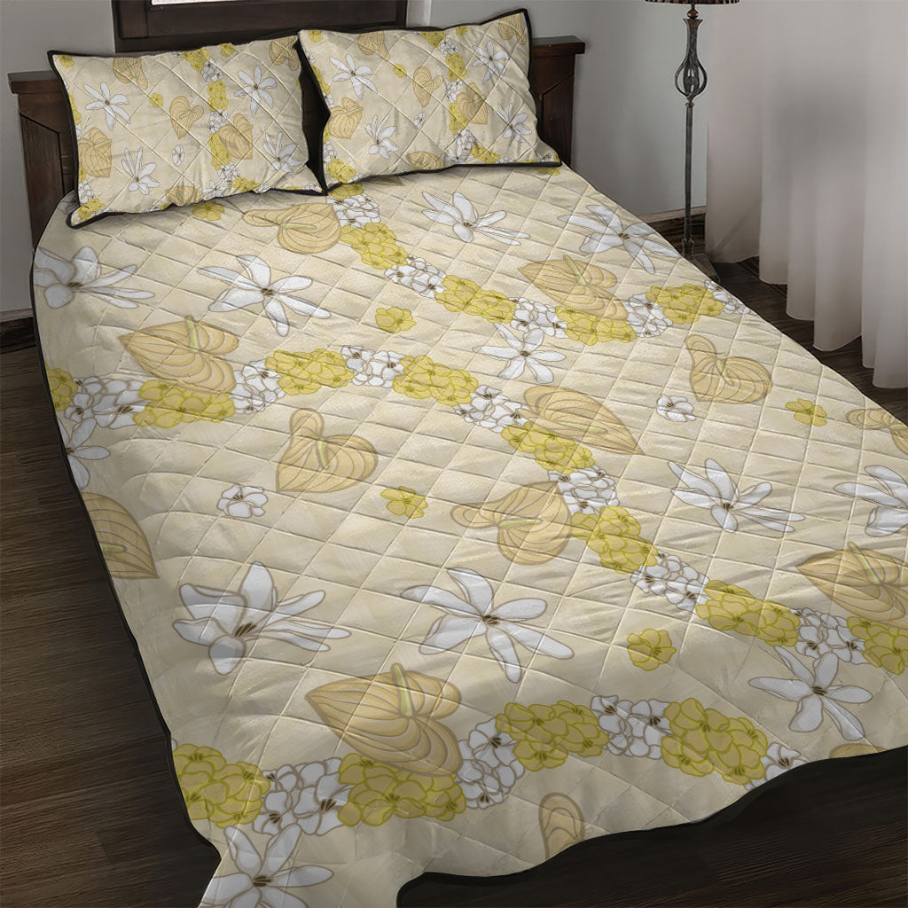 Hawaii Anthurium Tiare Pikake Lei Quilt Bed Set Melemele Lauhala Art Pattern