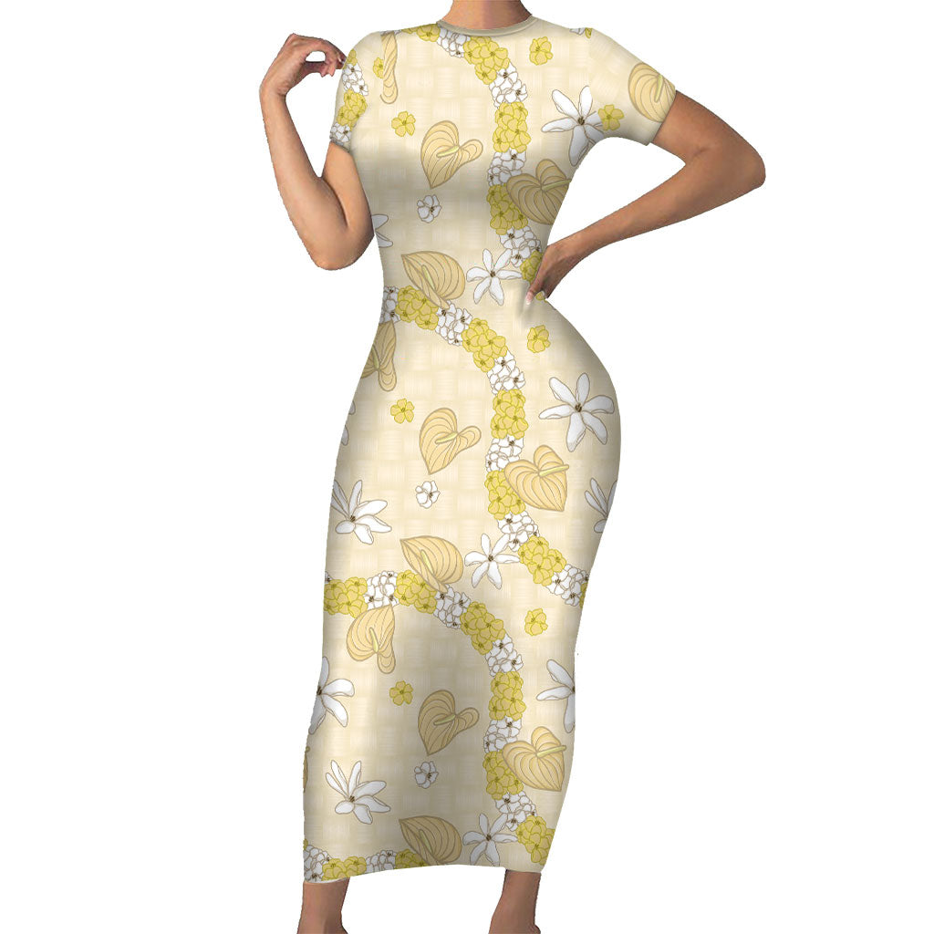 Hawaii Anthurium Tiare Pikake Lei Short Sleeve Bodycon Dress Melemele Lauhala Art Pattern LT01 Long Dress Yellow - Polynesian Pride