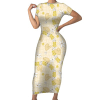 Hawaii Anthurium Tiare Pikake Lei Short Sleeve Bodycon Dress Melemele Lauhala Art Pattern LT01 Long Dress Yellow - Polynesian Pride