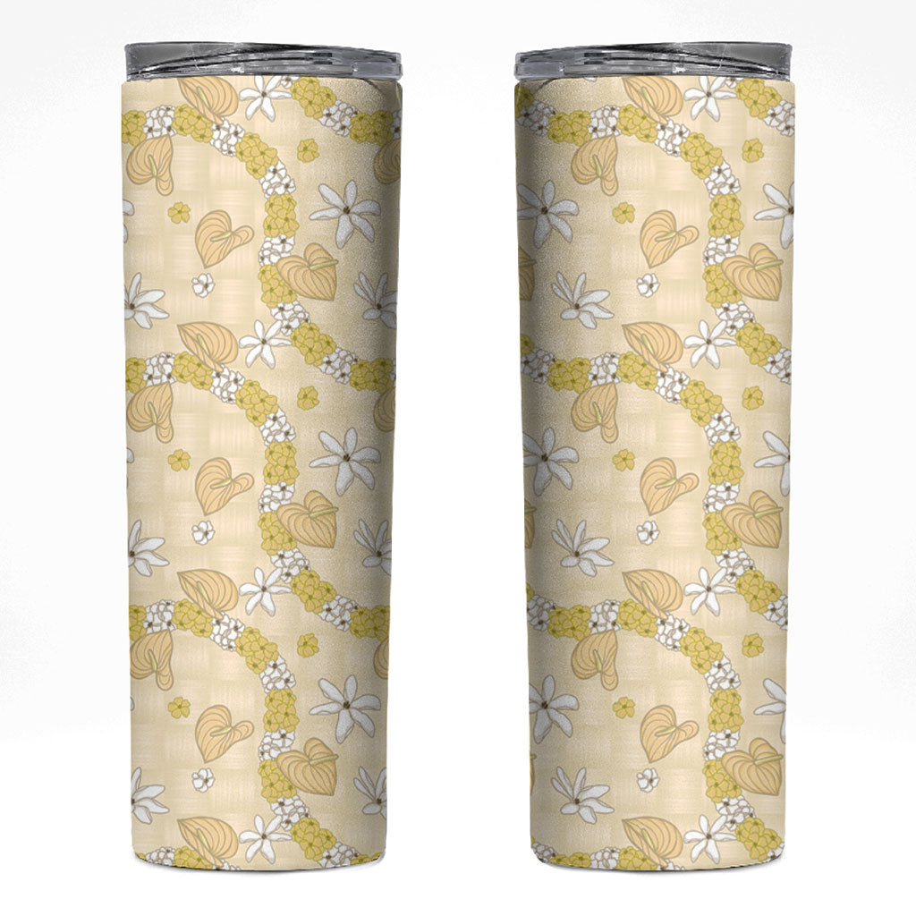 Hawaii Anthurium Tiare Pikake Lei Skinny Tumbler Melemele Lauhala Art Pattern LT01 Yellow - Polynesian Pride