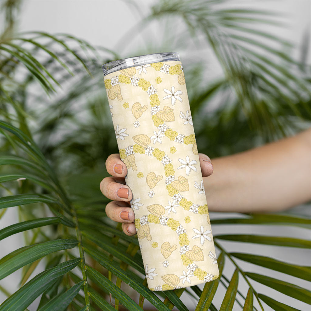 Hawaii Anthurium Tiare Pikake Lei Skinny Tumbler Melemele Lauhala Art Pattern LT01 - Polynesian Pride