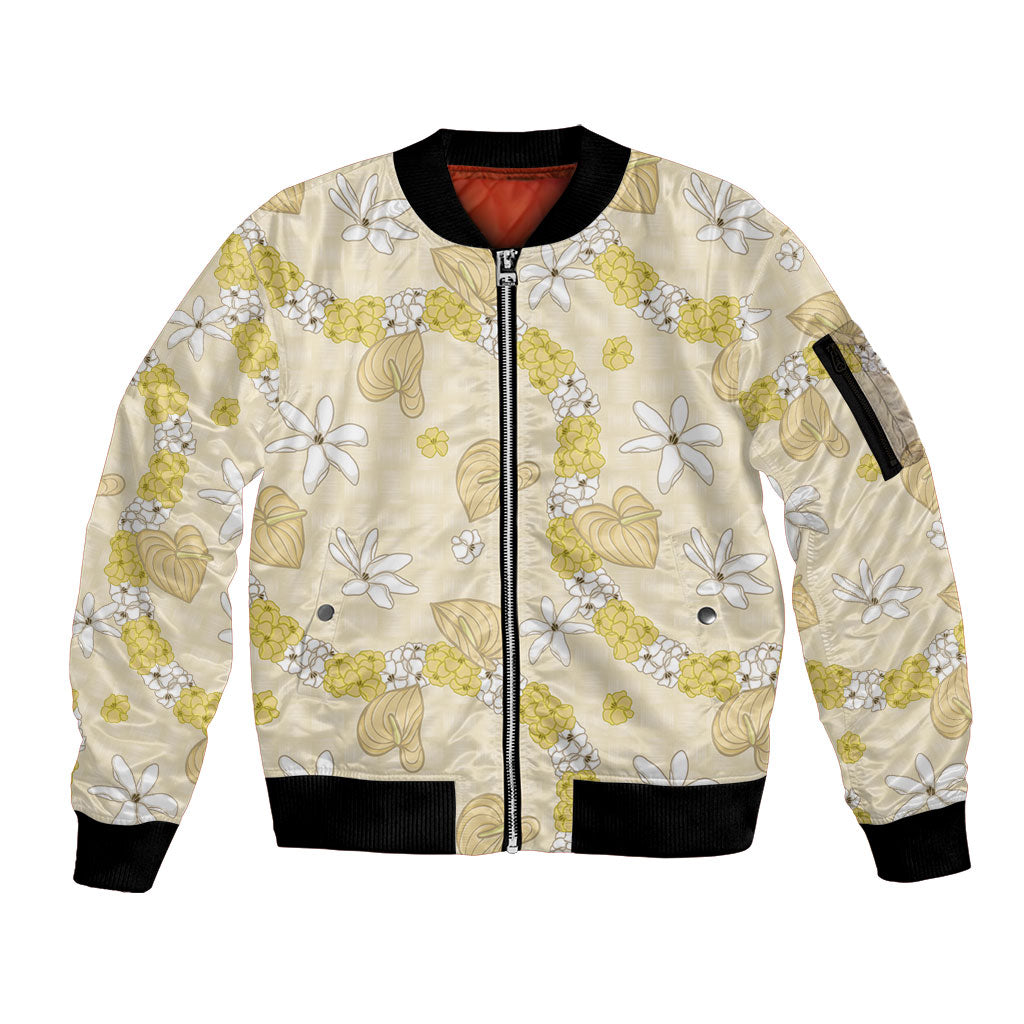 Hawaii Anthurium Tiare Pikake Lei Sleeve Zip Bomber Jacket Melemele Lauhala Art Pattern LT01 Unisex Yellow - Polynesian Pride