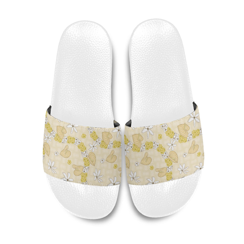 Hawaii Anthurium Tiare Pikake Lei Slide Sandals Melemele Lauhala Art Pattern