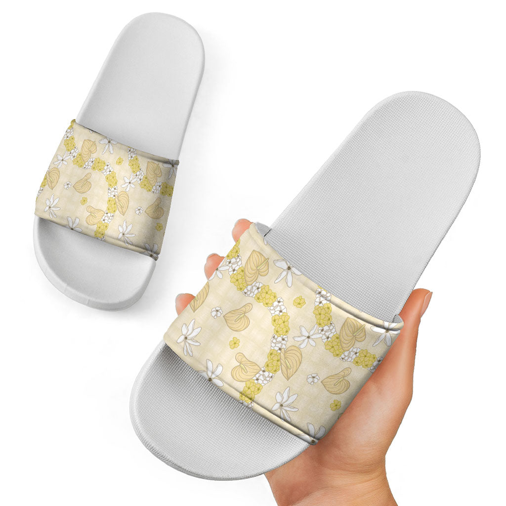 Hawaii Anthurium Tiare Pikake Lei Slide Sandals Melemele Lauhala Art Pattern