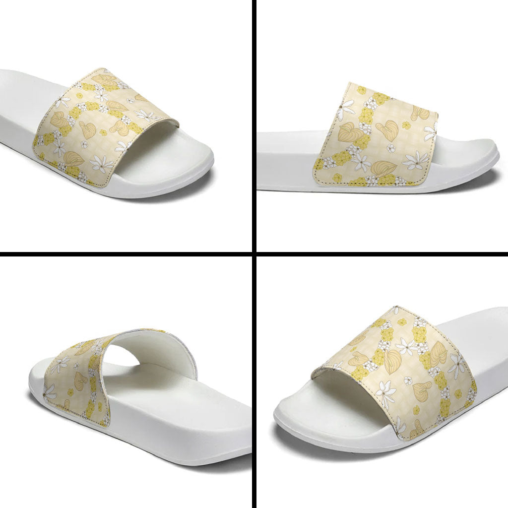 Hawaii Anthurium Tiare Pikake Lei Slide Sandals Melemele Lauhala Art Pattern