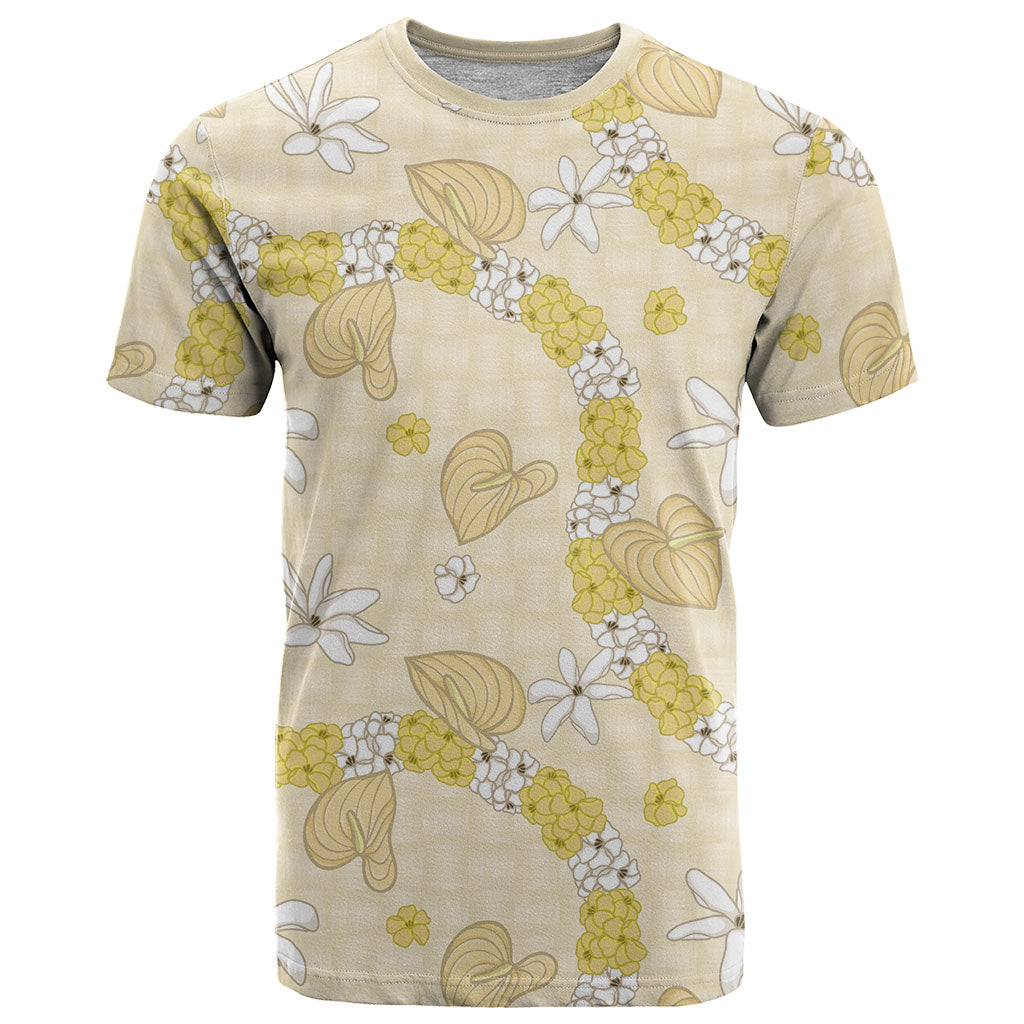 Hawaii Anthurium Tiare Pikake Lei T Shirt Melemele Lauhala Art Pattern LT01 Yellow - Polynesian Pride