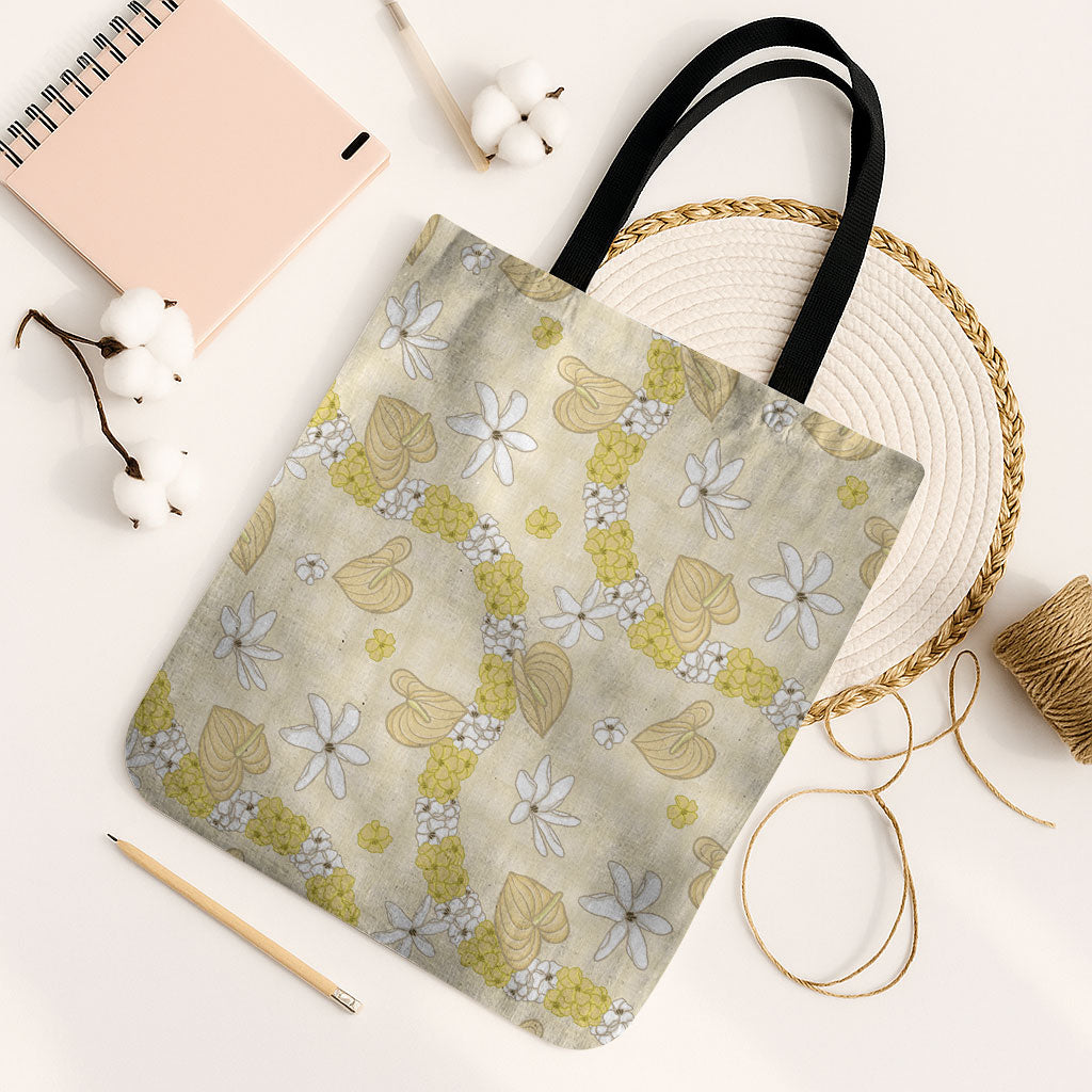 Hawaii Anthurium Tiare Pikake Lei Tote Bag Melemele Lauhala Art Pattern