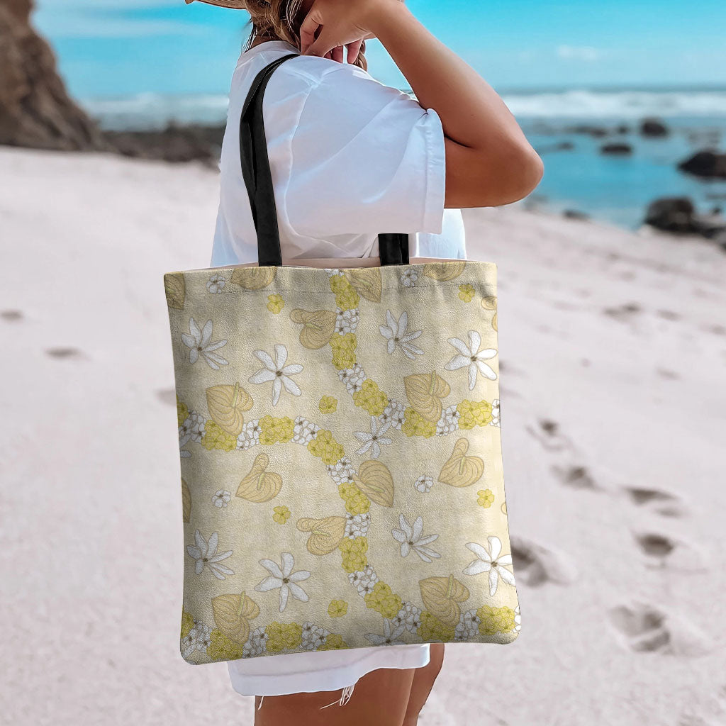 Hawaii Anthurium Tiare Pikake Lei Tote Bag Melemele Lauhala Art Pattern