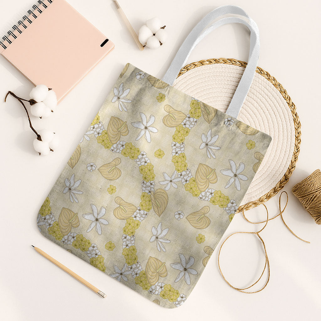 Hawaii Anthurium Tiare Pikake Lei Tote Bag Melemele Lauhala Art Pattern