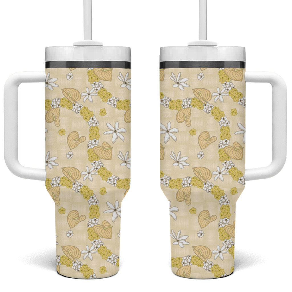 Hawaii Anthurium Tiare Pikake Lei Tumbler With Handle Melemele Lauhala Art Pattern