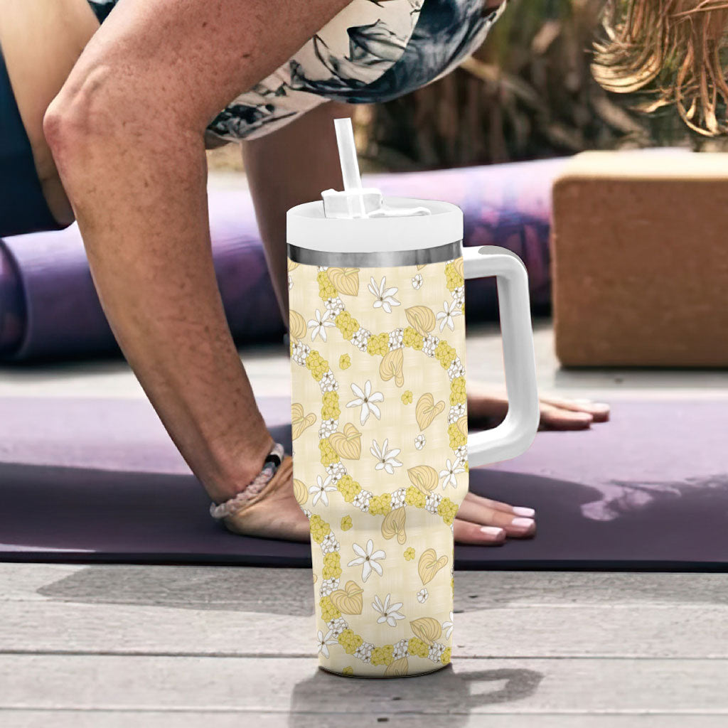 Hawaii Anthurium Tiare Pikake Lei Tumbler With Handle Melemele Lauhala Art Pattern