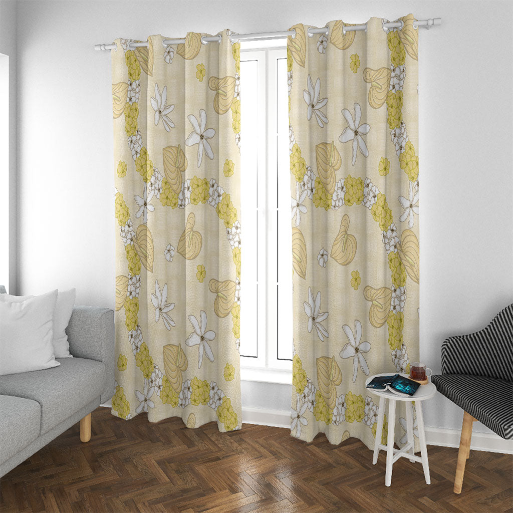 Hawaii Anthurium Tiare Pikake Lei Window Curtain Melemele Lauhala Art Pattern LT01 With Grommets Yellow - Polynesian Pride