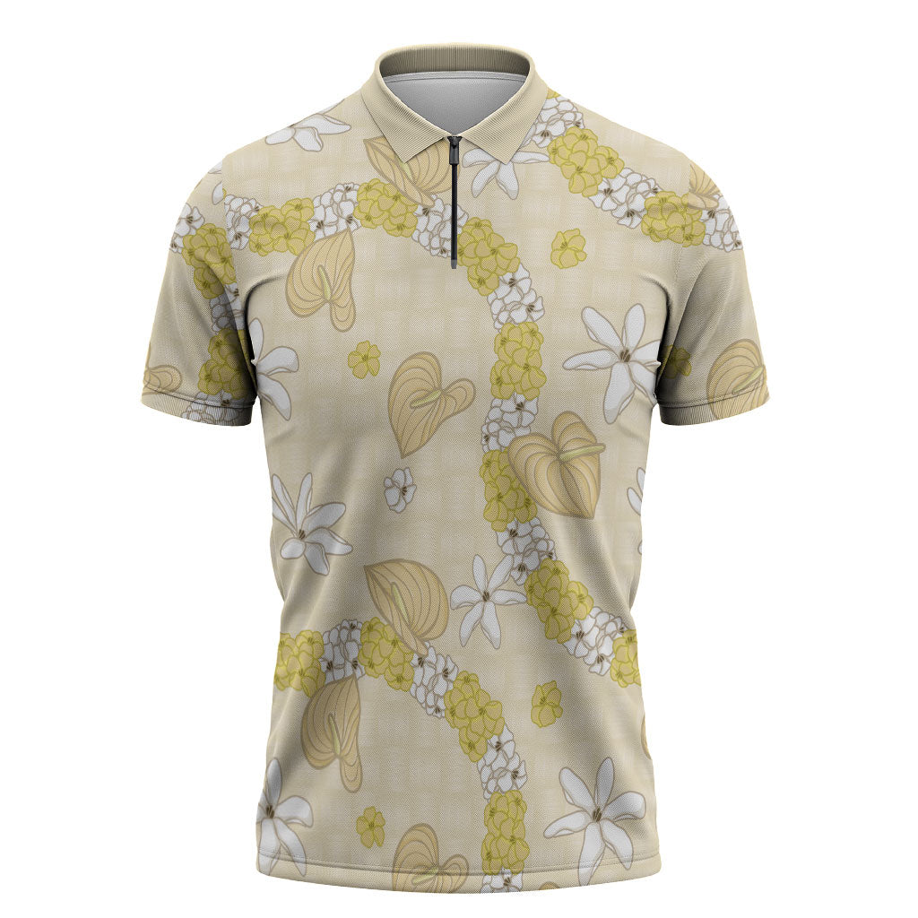 Hawaii Anthurium Tiare Pikake Lei Zipper Polo Shirt Melemele Lauhala Art Pattern LT01 Yellow - Polynesian Pride